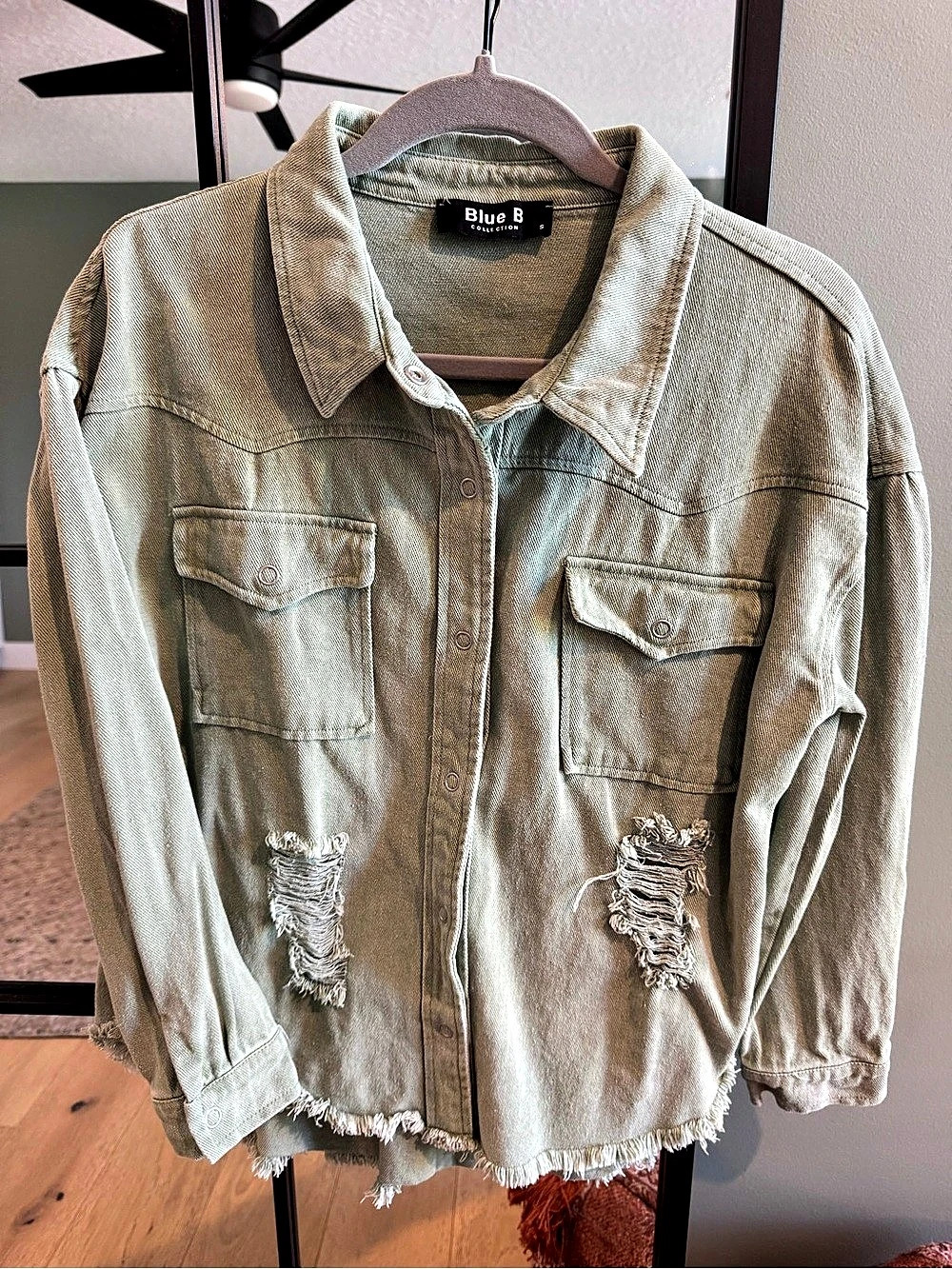 Blue B Collection Distressed Denim Shacket- Small